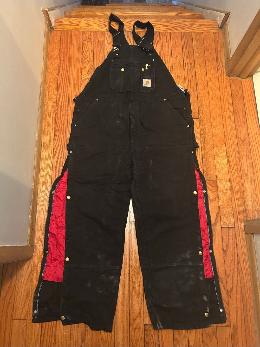 Carhartt Black Bib Overalls with Red Insulated Lining